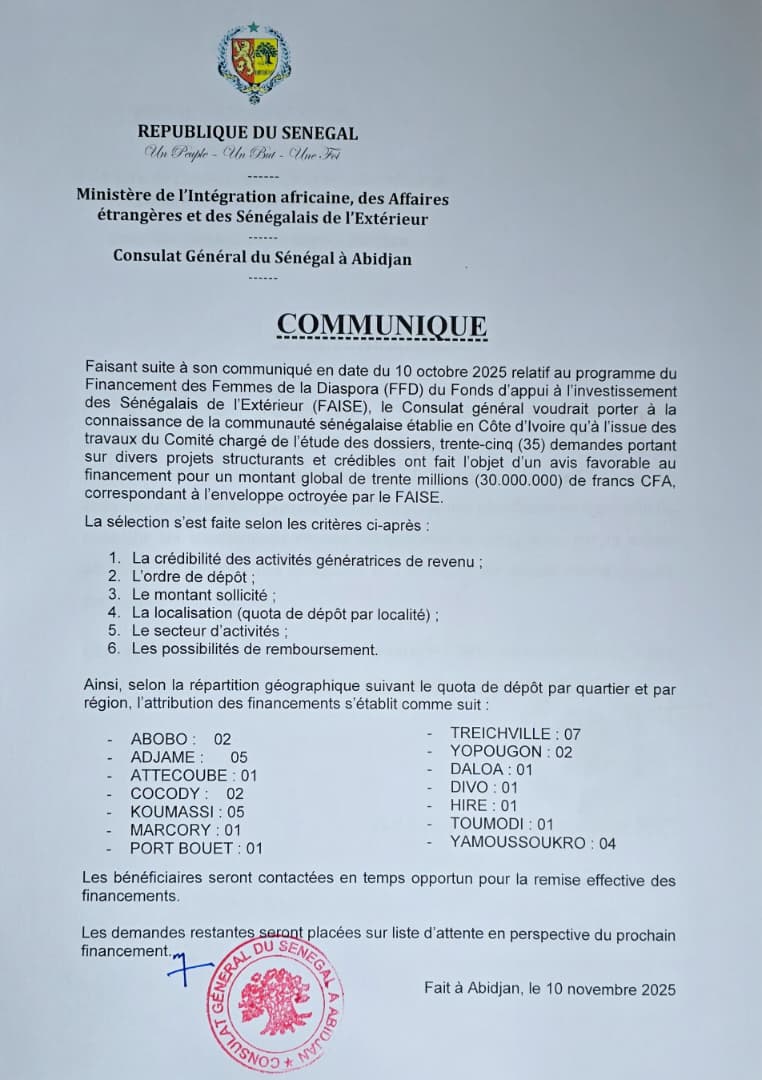 LISTE DES BENEFICIAIRES DES FINANCEMENTS DU FAISE
